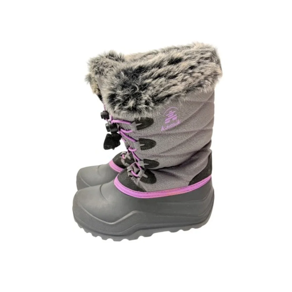 Kamik Winter Boots Kids Size 2 Gray Purple Faux Fur Trim Waterproof Quilted